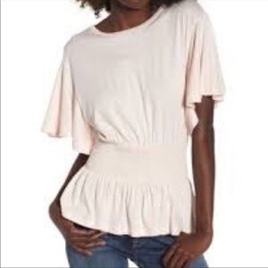 BP NORDSTROM PALE BABY PINK BUTTERFLY SLEEVES SMOCKED PEPLUM WAIST TOP XXS